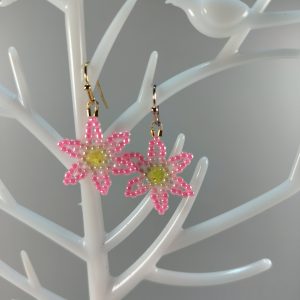 bright pink beaded flower earrings